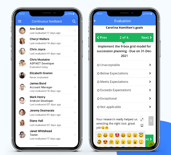 Employee performance evaluation mobile app screen - AssessTEAM